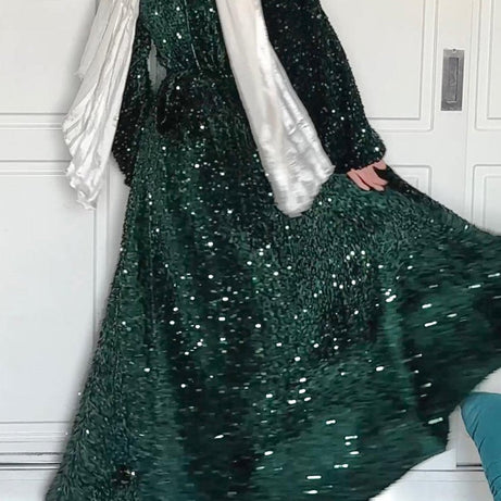 Natash - Robe de soirée à paillettes à manches longues et col rond