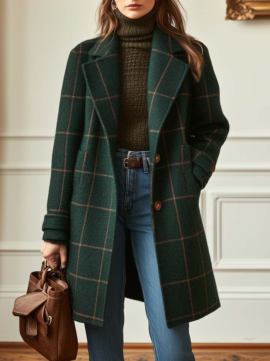 Manteau à Carreaux en Laine Mélangée