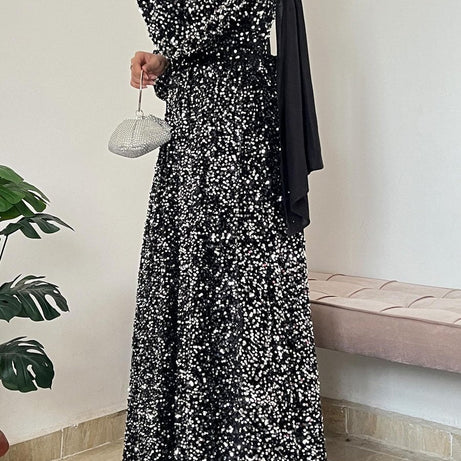 Natash - Robe de soirée à paillettes à manches longues et col rond