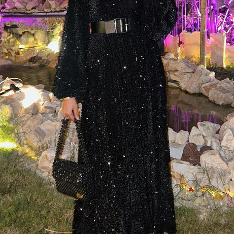 Natash - Robe de soirée à paillettes à manches longues et col rond