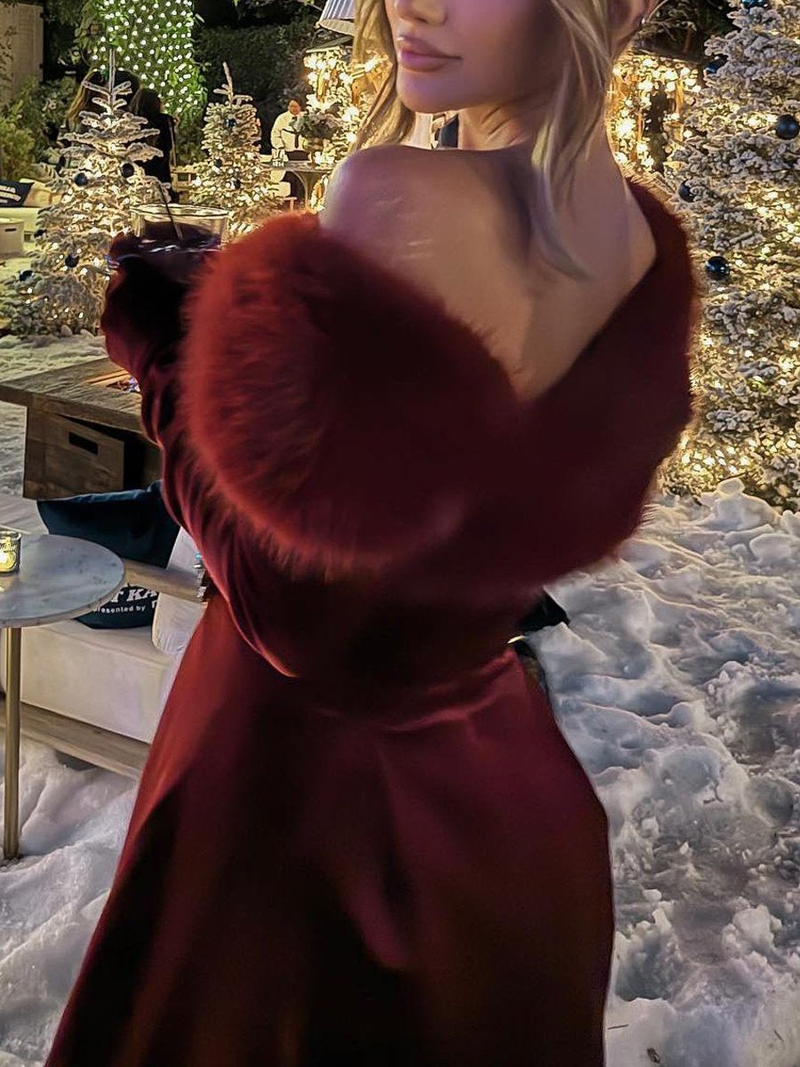 Samira - Robe de soirée diamant en velours avec col de fourrure amovible et gants