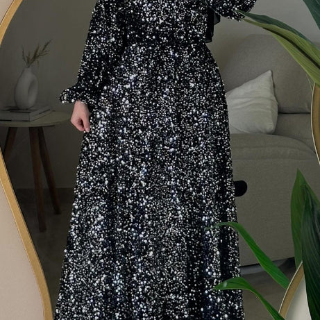 Natash - Robe de soirée à paillettes à manches longues et col rond