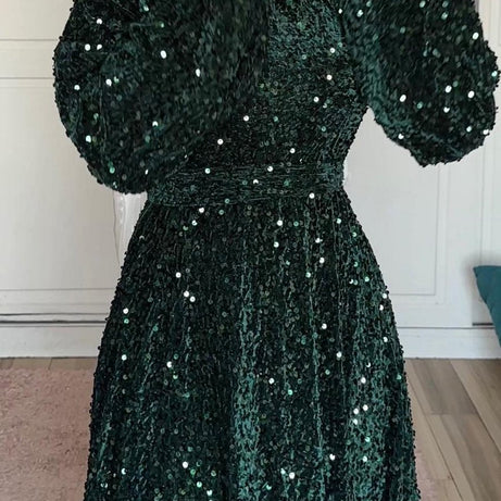 Natash - Robe de soirée à paillettes à manches longues et col rond