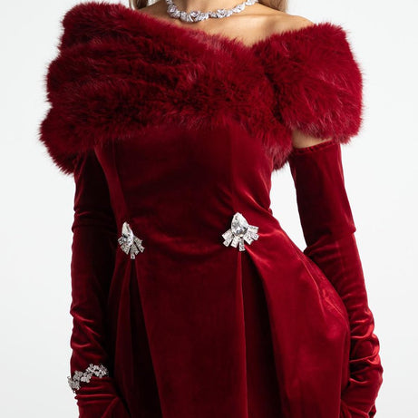 Samira - Robe de soirée diamant en velours avec col de fourrure amovible et gants