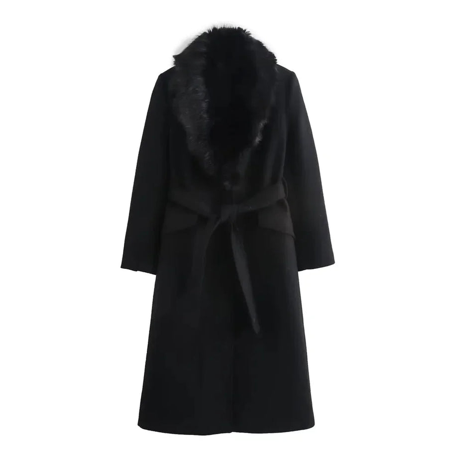 Manteau femme avec col en fausse fourrure et ceinture