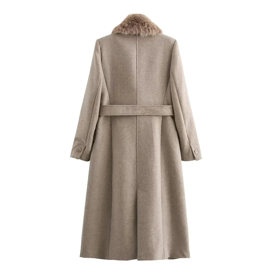 Manteau femme avec col en fausse fourrure et ceinture