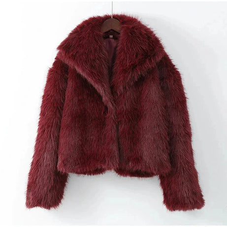 Manteau femme bordeaux en fausse fourrure avec grand col