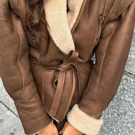 Veste femme brun ceinturé col shearling