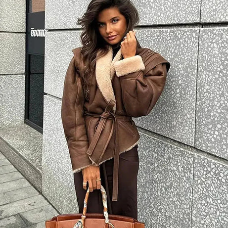 Veste femme brun ceinturé col shearling