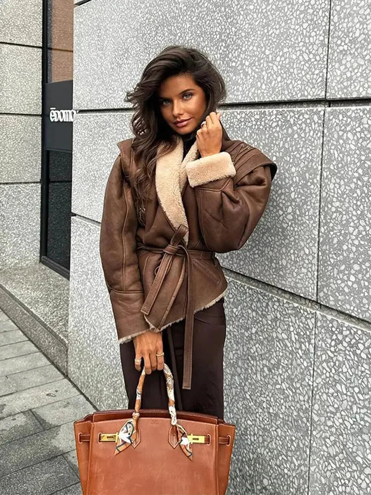 Veste femme brun ceinturé col shearling
