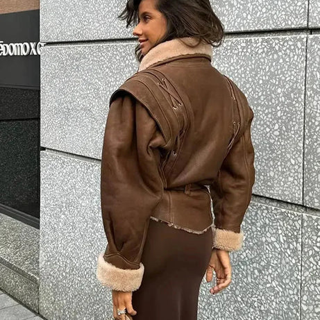 Veste femme brun ceinturé col shearling