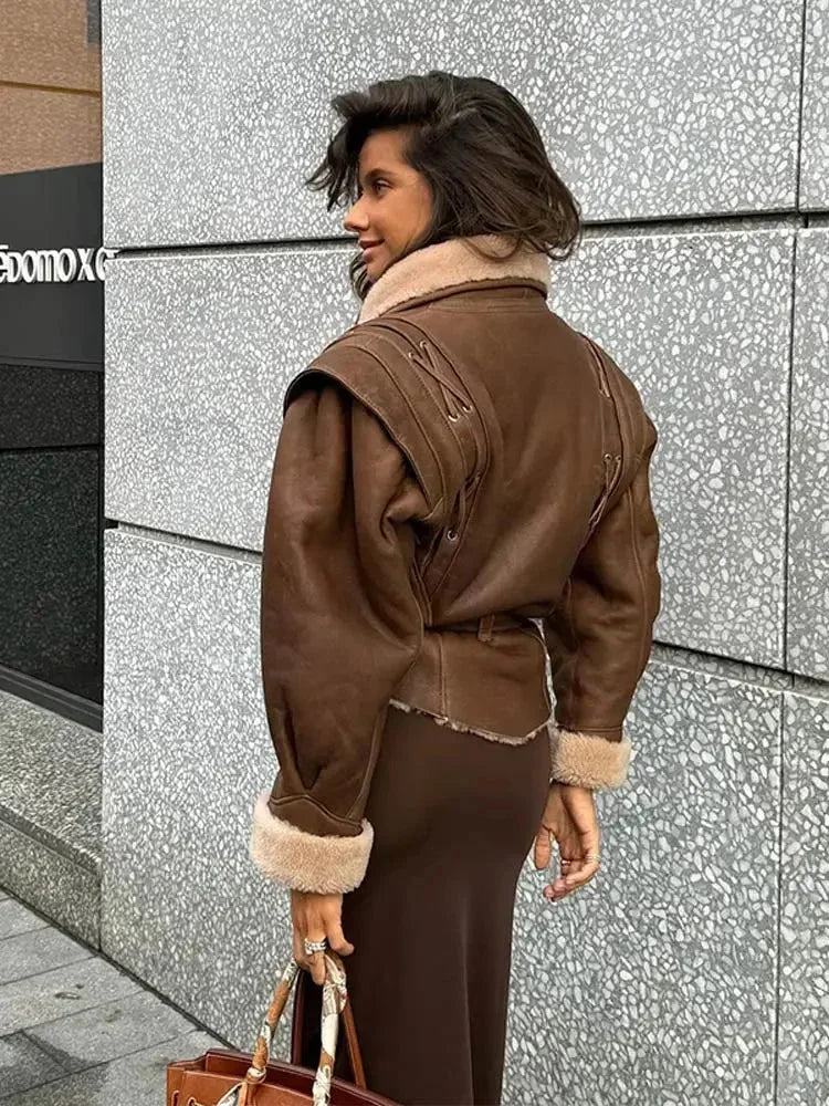Veste femme brun ceinturé col shearling