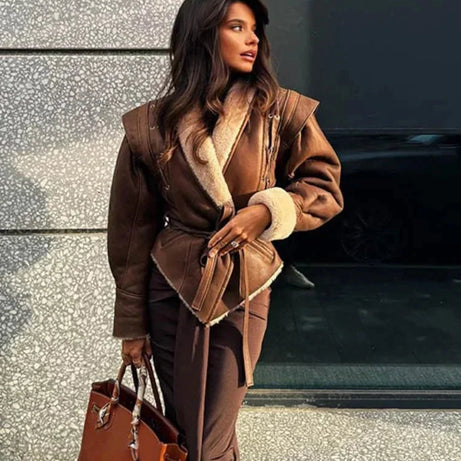 Veste femme brun ceinturé col shearling