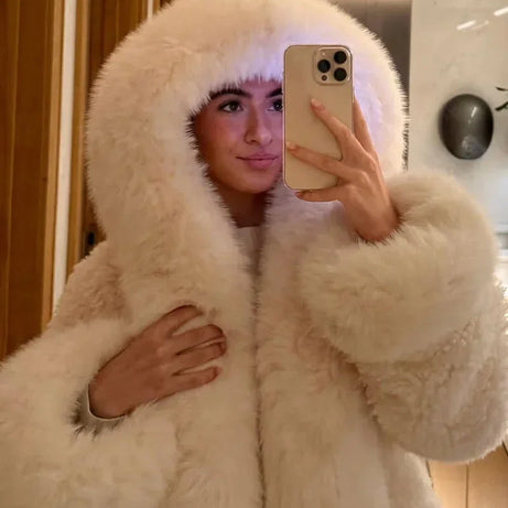 Manteau femme décontracté avec capuche en fausse fourrure