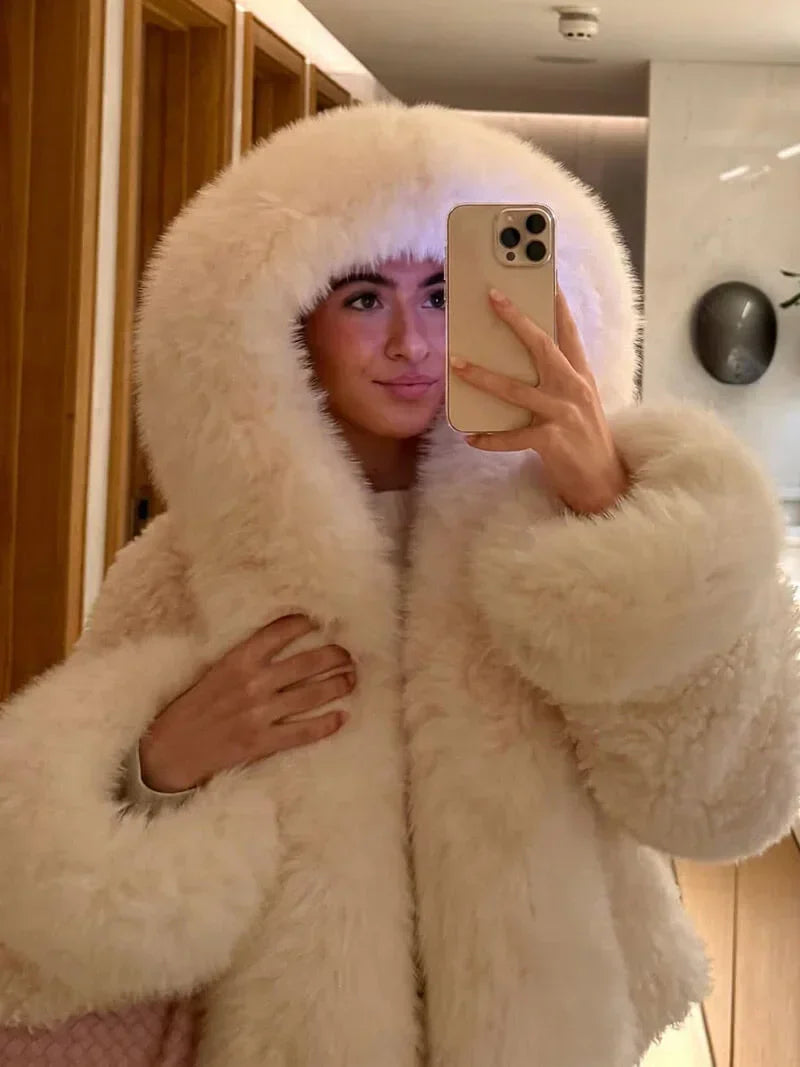 Manteau femme décontracté avec capuche en fausse fourrure