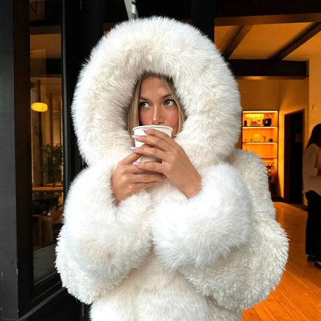 Manteau femme décontracté avec capuche en fausse fourrure