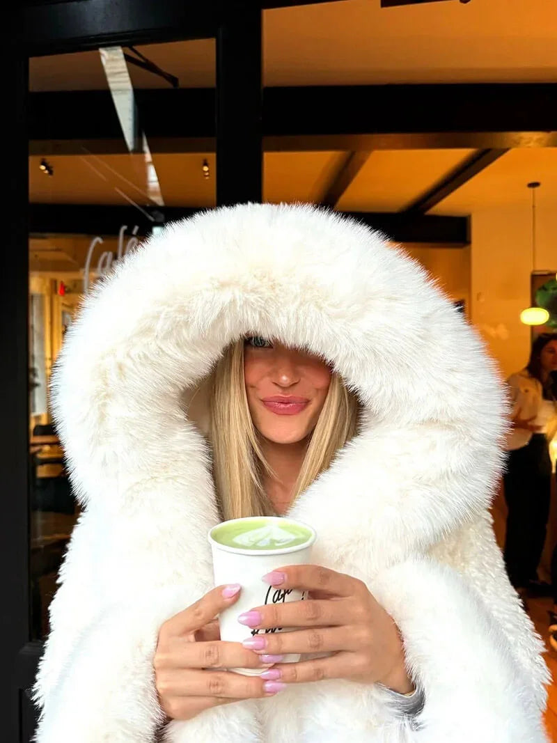 Manteau femme décontracté avec capuche en fausse fourrure