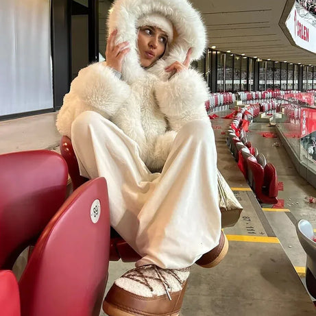 Manteau femme décontracté avec capuche en fausse fourrure