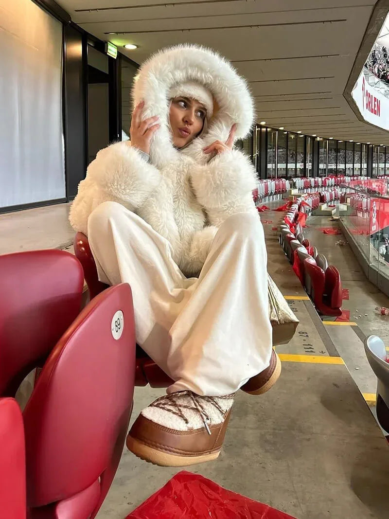 Manteau femme décontracté avec capuche en fausse fourrure