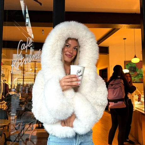 Manteau femme décontracté avec capuche en fausse fourrure