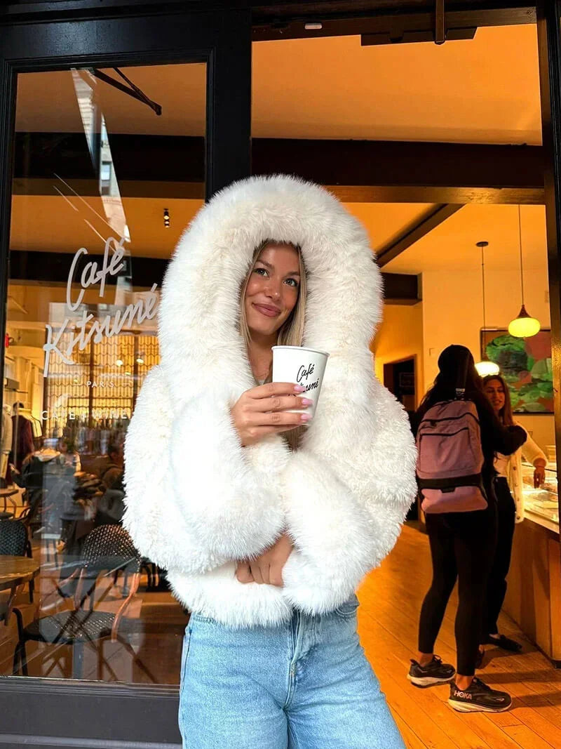 Manteau femme décontracté avec capuche en fausse fourrure