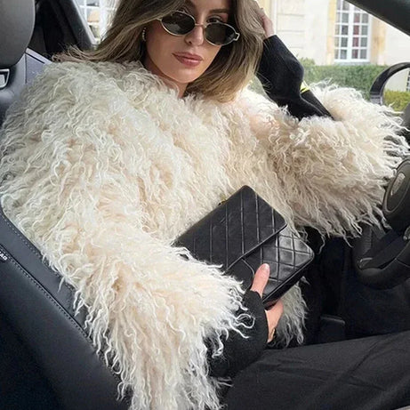 Manteau femme en fausse fourrure beige à manches longues
