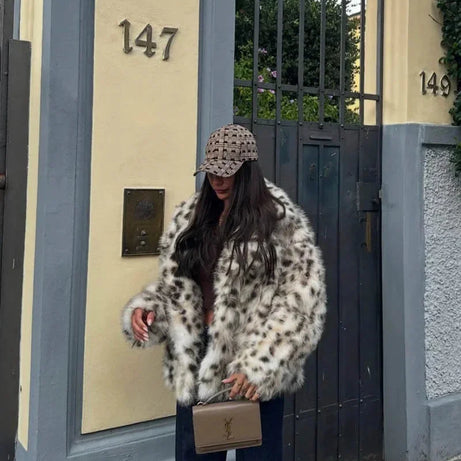 Manteau femme imprimé léopard en fausse fourrure