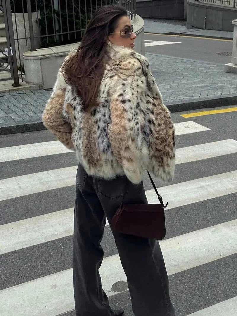 Manteau femme imprimé léopard en fausse fourrure