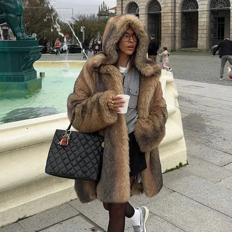 Manteau Femme Long Marron avec Capuche Doublée
