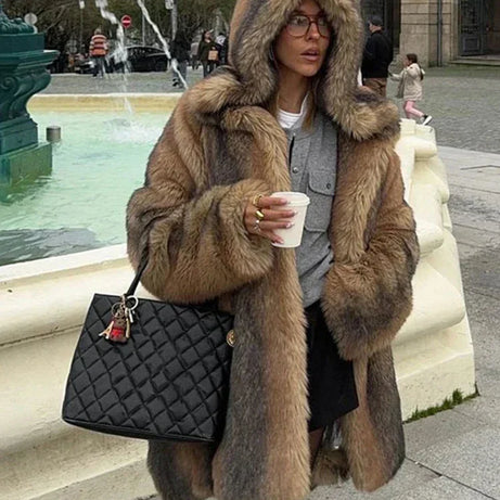 Manteau Femme Long Marron avec Capuche Doublée