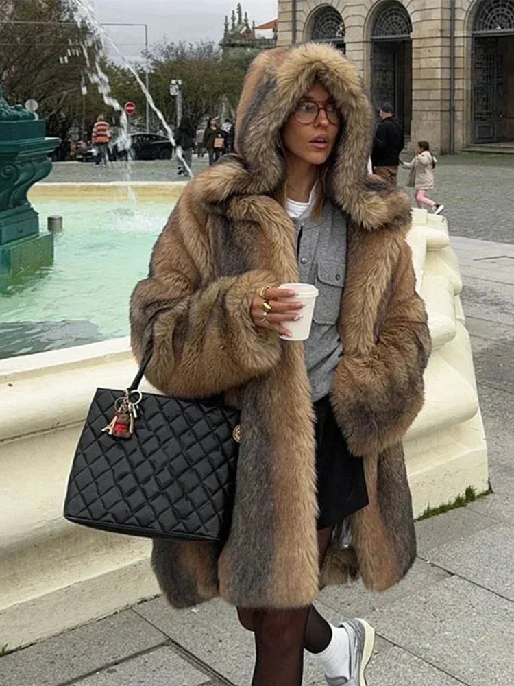 Manteau Femme Long Marron avec Capuche Doublée