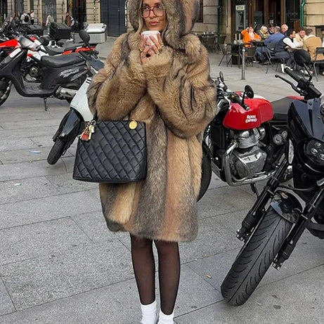 Manteau Femme Long Marron avec Capuche Doublée