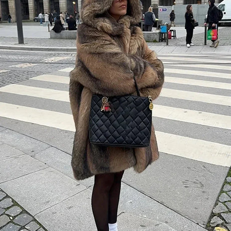 Manteau Femme Long Marron avec Capuche Doublée