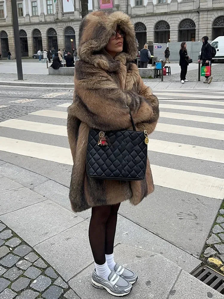 Manteau Femme Long Marron avec Capuche Doublée