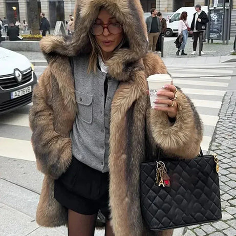 Manteau Femme Long Marron avec Capuche Doublée