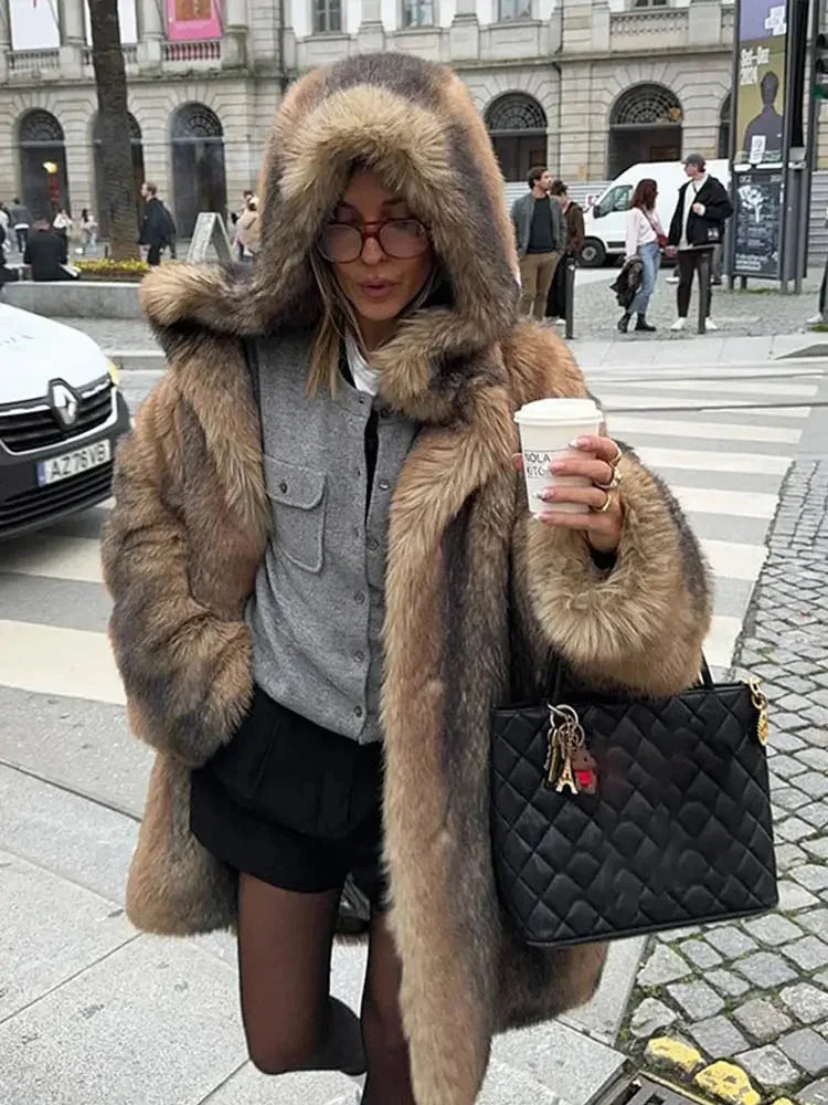 Manteau Femme Long Marron avec Capuche Doublée