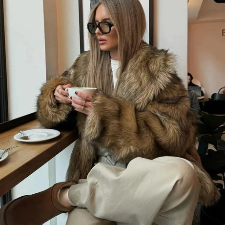 Manteau femme marron en fausse fourrure à manches longues