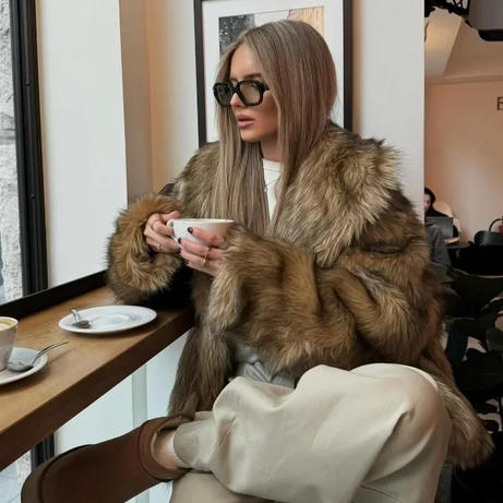 Manteau femme marron en fausse fourrure à manches longues