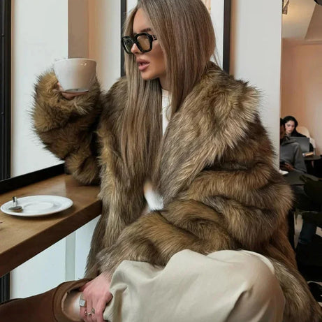 Manteau femme marron en fausse fourrure à manches longues