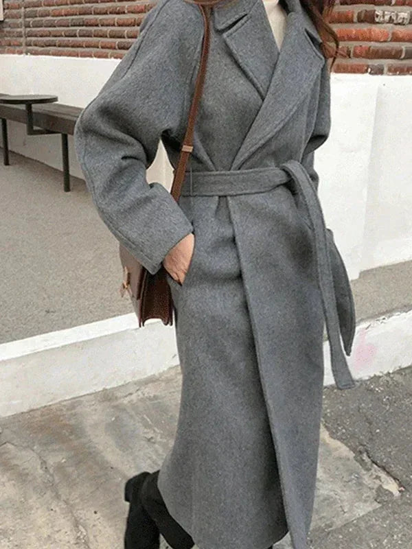 Manteau Long Femme avec Ceinture et Col Chic