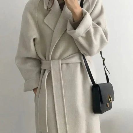 Manteau Long Femme avec Ceinture et Col Chic