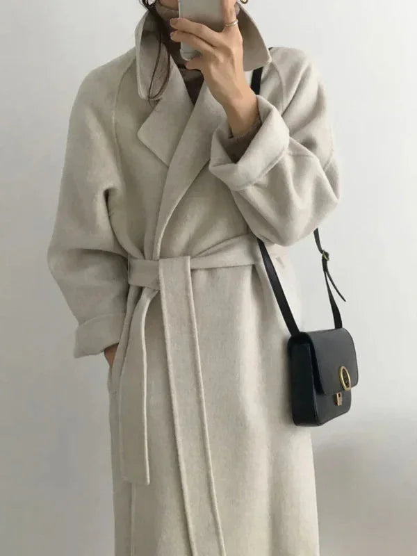 Manteau Long Femme avec Ceinture et Col Chic