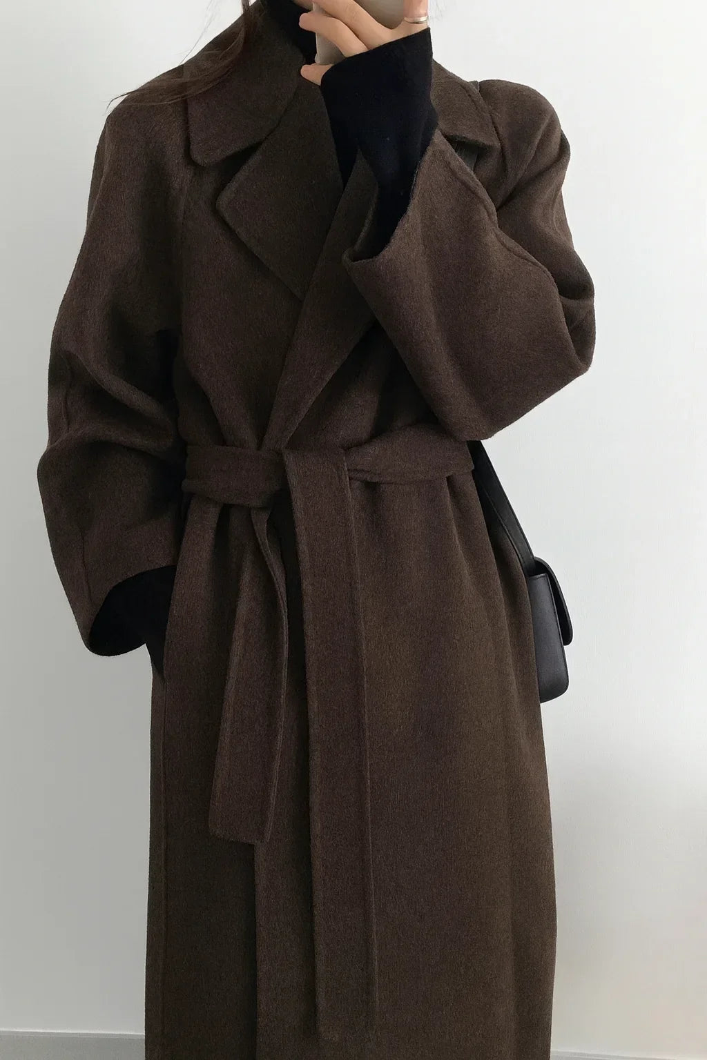 Manteau Long Femme avec Ceinture et Col Chic