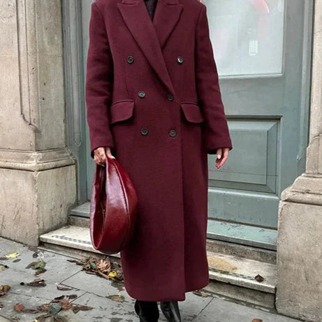 Manteau long femme double boutonnage bordeaux avec col à revers
