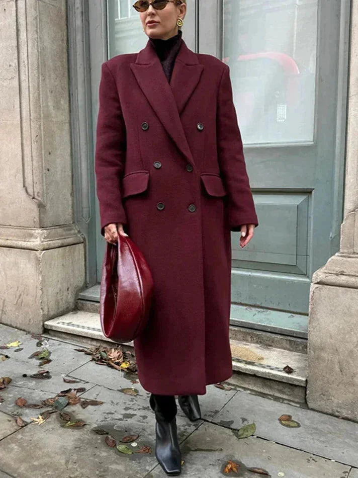Manteau long femme double boutonnage bordeaux avec col à revers