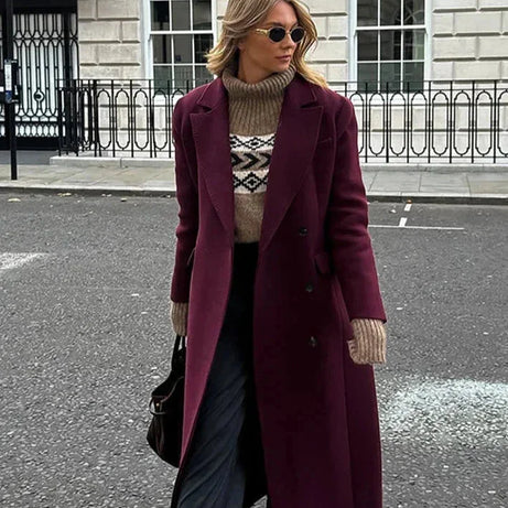 Manteau long femme double boutonnage bordeaux avec col à revers