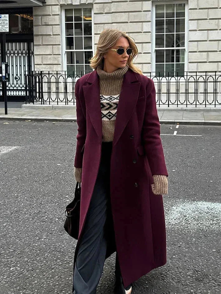 Manteau long femme double boutonnage bordeaux avec col à revers