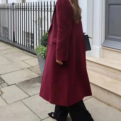 Manteau long femme double boutonnage bordeaux avec col à revers
