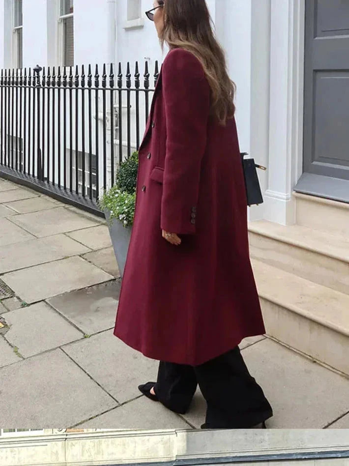 Manteau long femme double boutonnage bordeaux avec col à revers