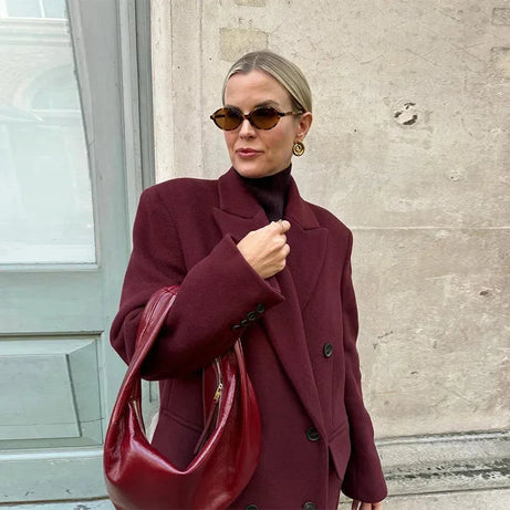 Manteau long femme double boutonnage bordeaux avec col à revers